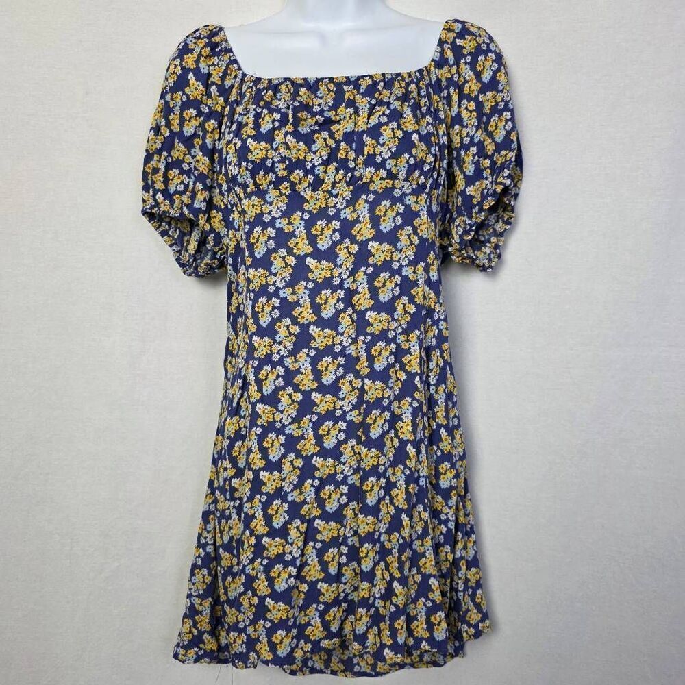 Forever 21 Blue Floral Puff Sleeve Cutout Dress L
